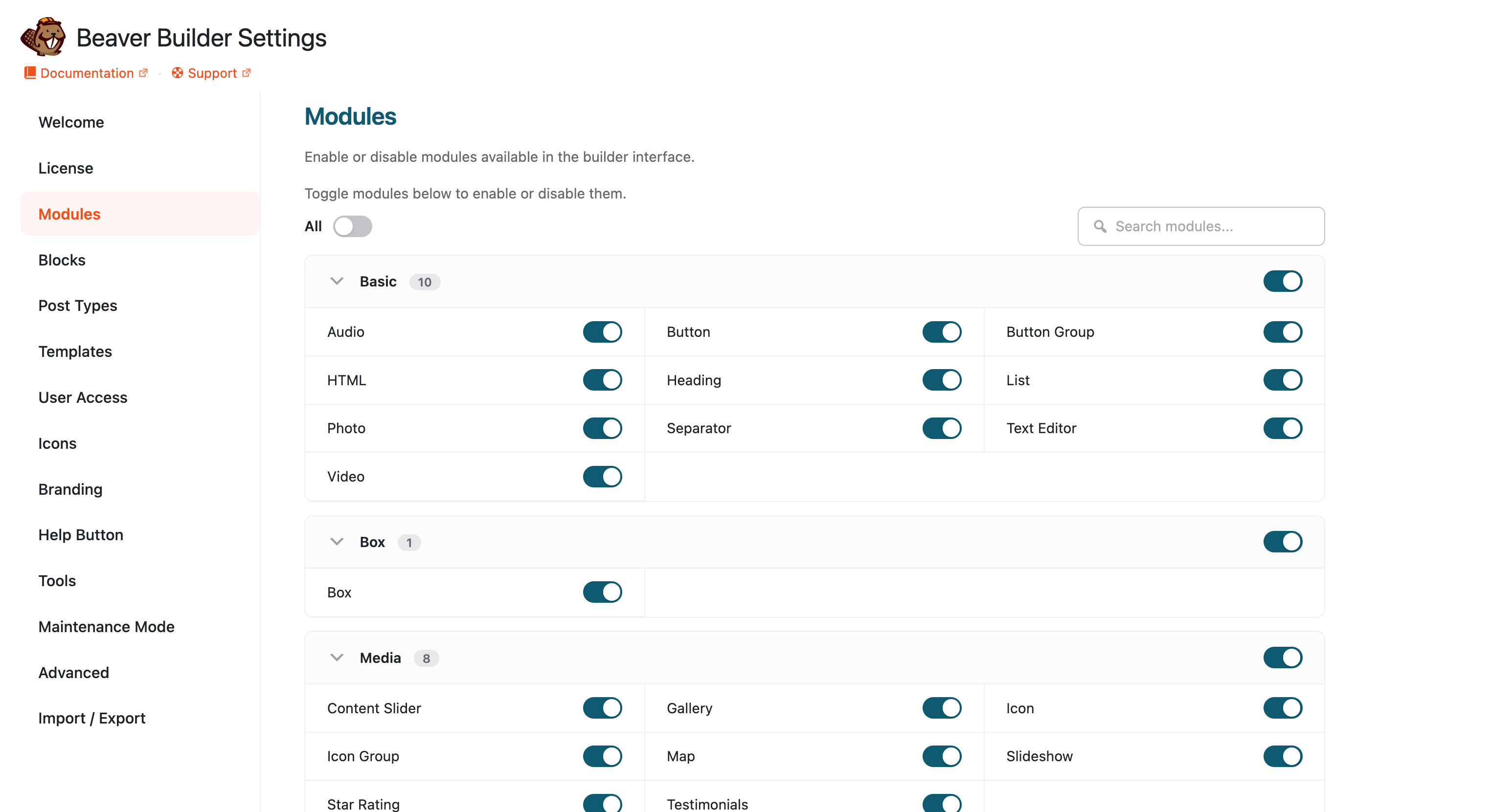 Access the Beaver Builder setting's modules tab