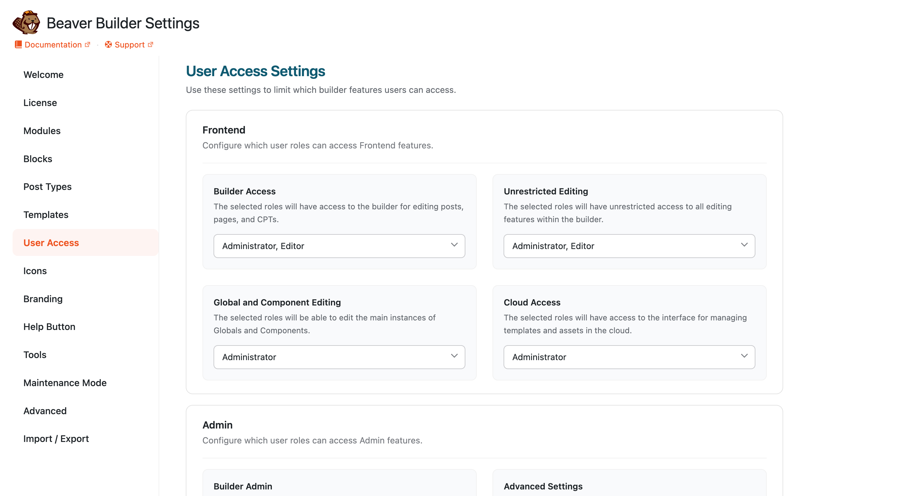 Access User Access tab settings